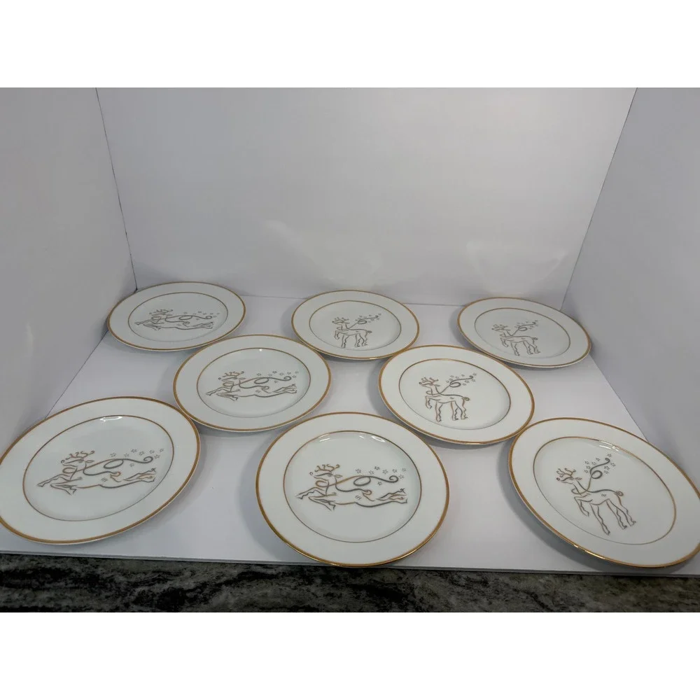 Rudolph Co Christmas Reindeer Appetizer Plates Gold White Set of 8 8 inch